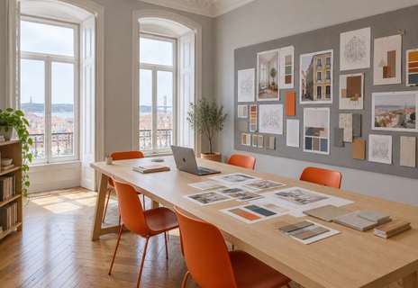 The BrandDo studio in Lisbon: a long oak table with orange chairs, tall windows and a wall of pinned brand work