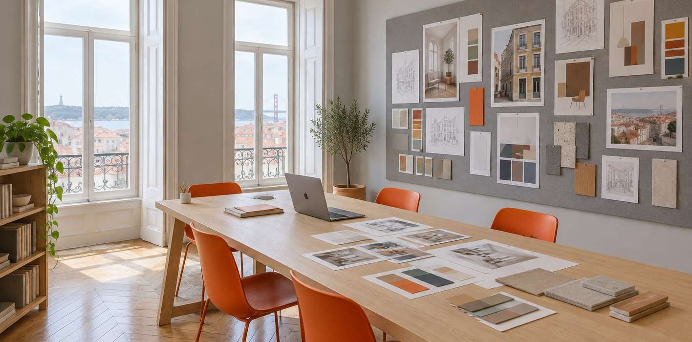 The BrandDo studio in Lisbon: a long oak table with orange chairs, tall windows and a wall of pinned brand work