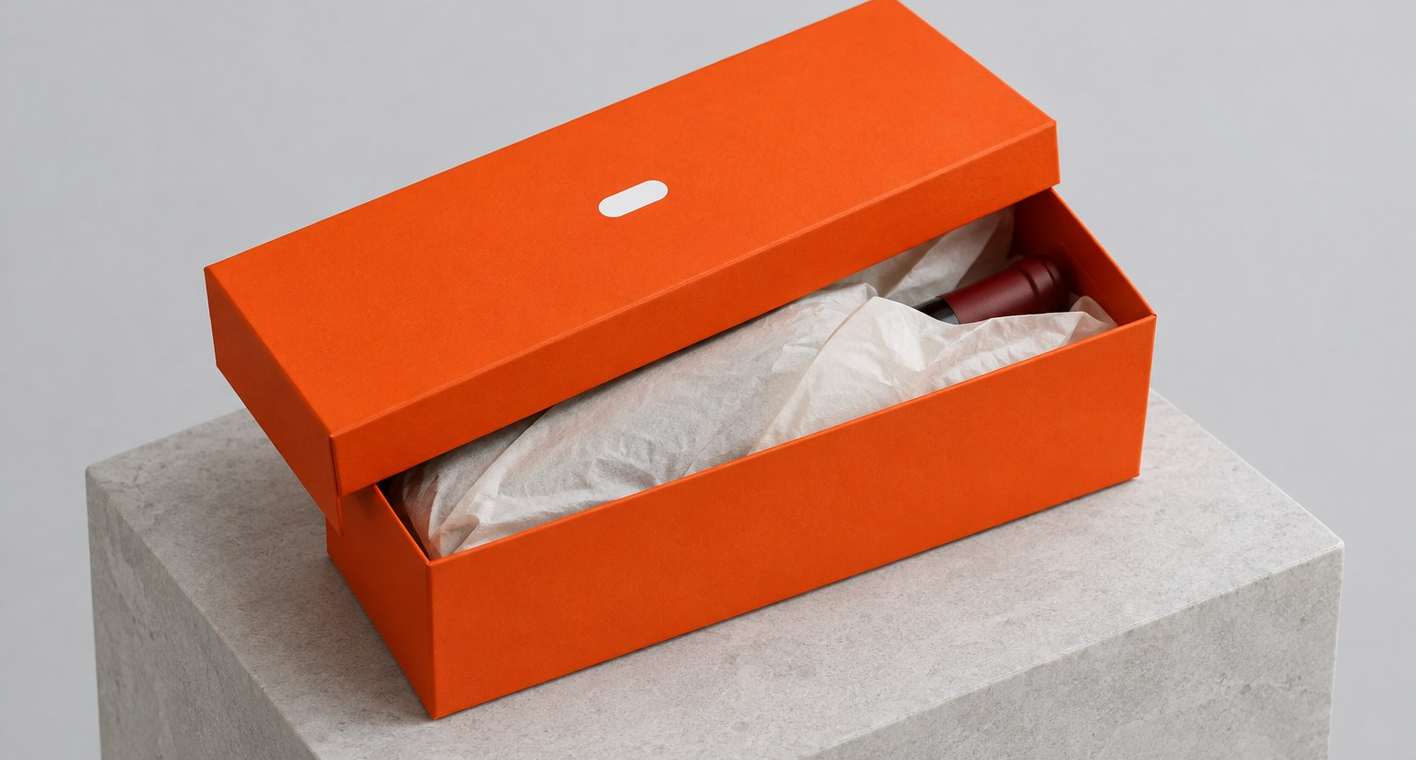 An orange Arca Wines gift box with white tissue paper on a concrete plinth
