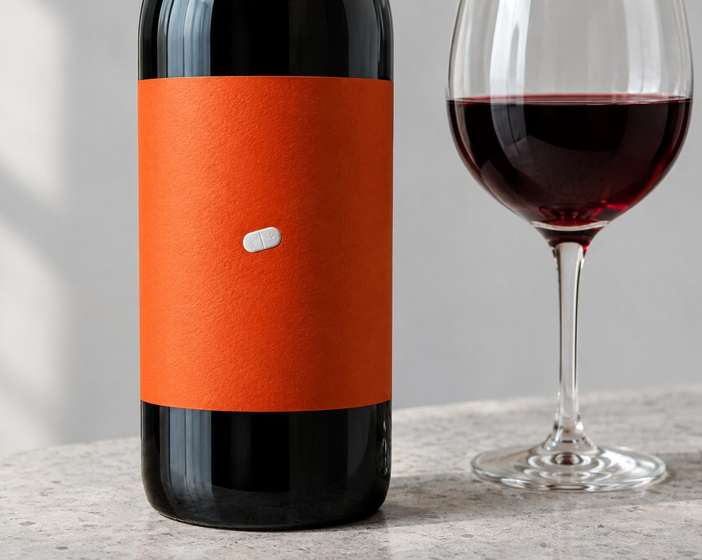 A bottle of red wine with a wide orange Arca label next to a filled glass
