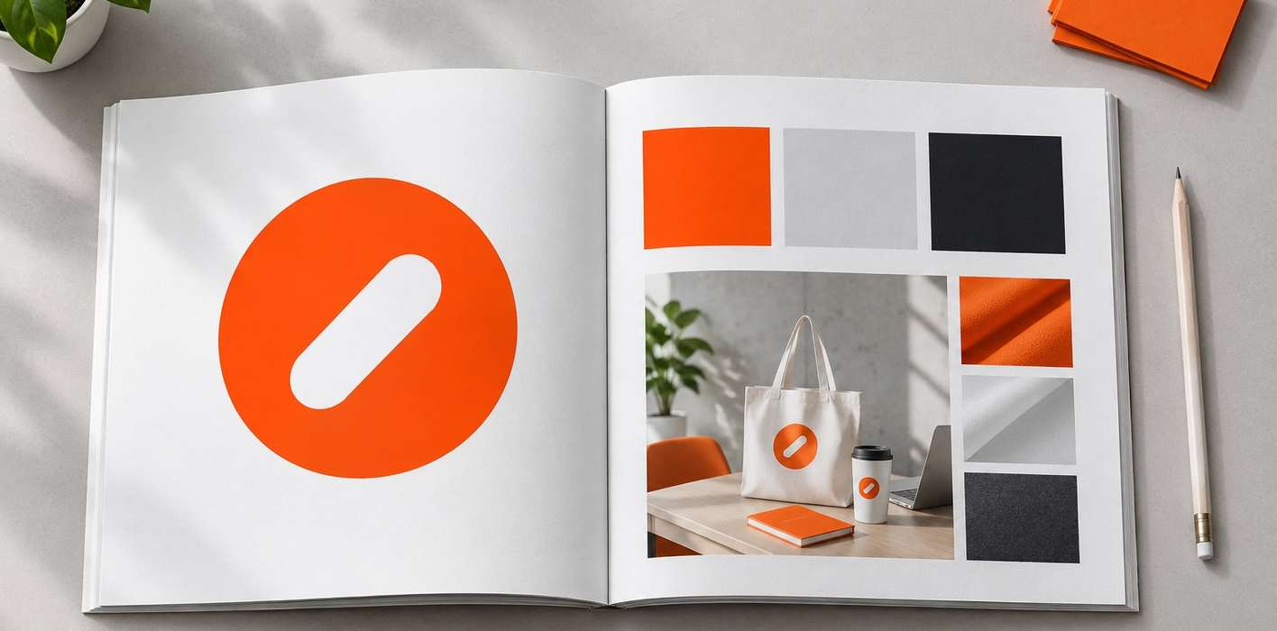 The Halden Studio brand book lying open, with the orange round mark on the left page and a photo grid on the right