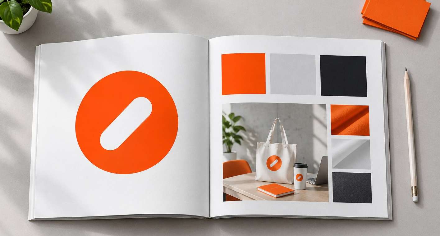 The Halden Studio brand book lying open, with the orange round mark on the left page and a photo grid on the right