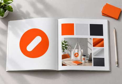 The Halden Studio brand book lying open, with the orange round mark on the left page and a photo grid on the right
