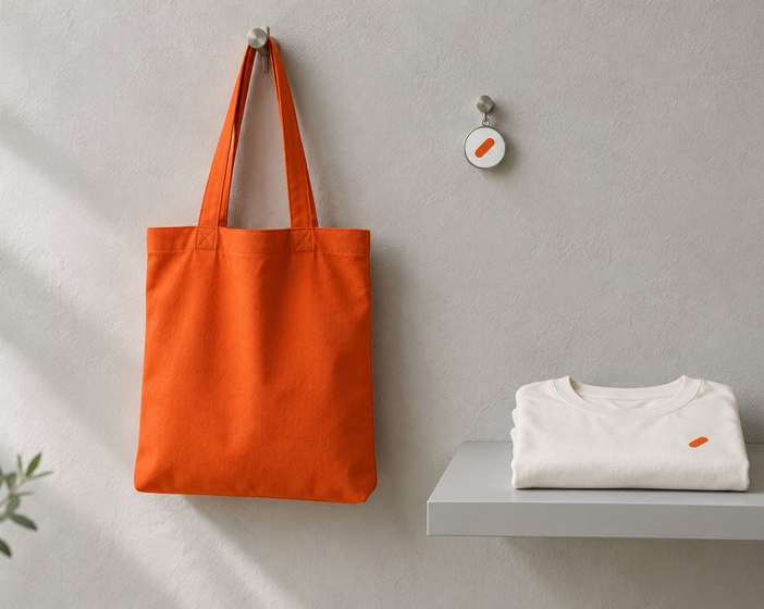 An orange Halden tote bag on a hook and a folded white T-shirt with a small orange mark