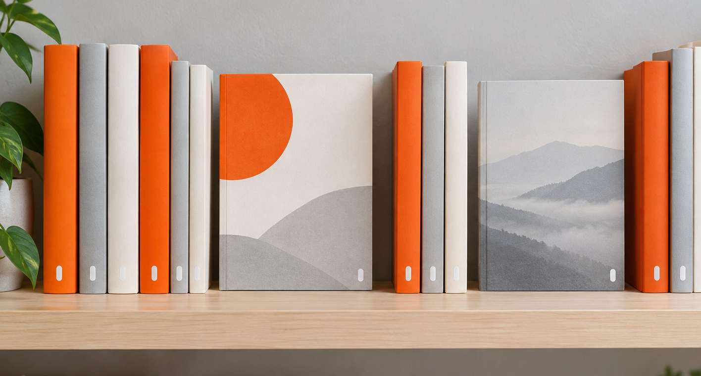 A shelf of Fable Books with orange, white and grey spines and two covers facing out