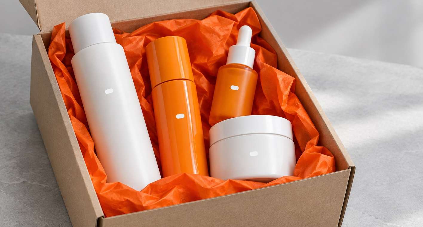A kraft shipping box from Kova Skincare with white and orange bottles in orange tissue paper
