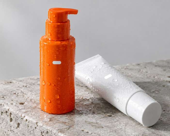 Close view of an orange Kova pump bottle with water drops, next to a white tube on stone