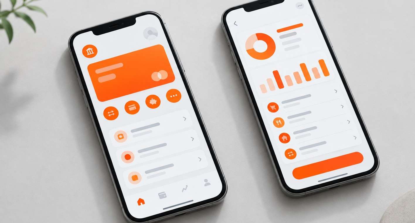 Two phones showing the Mintline Bank app with an orange balance card and spending charts