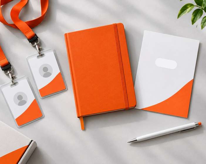 The Nord Rail staff kit: orange lanyards with ID cards, an orange notebook and a white folder