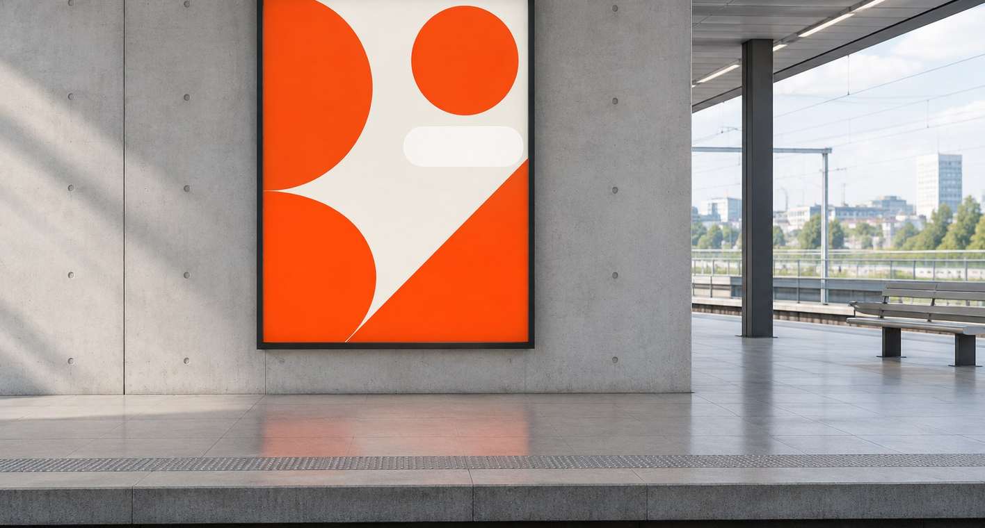 A Nord Rail recruitment poster in a lightbox on a concrete station platform