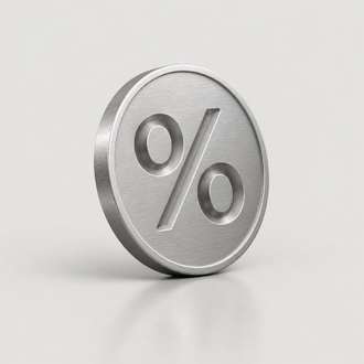 A brushed steel coin with a percent sign on a light grey background