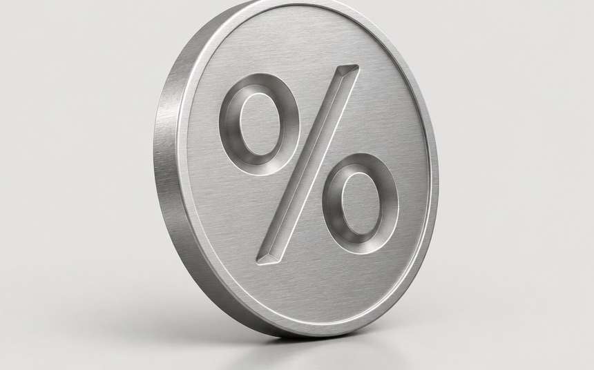A brushed steel coin with a percent sign on a light grey background