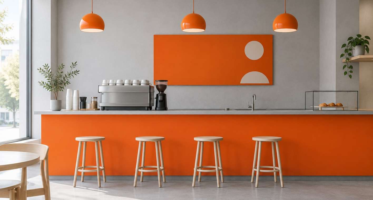 The Orto Coffee bar: a long orange counter with white stools and a round orange sign on the wall