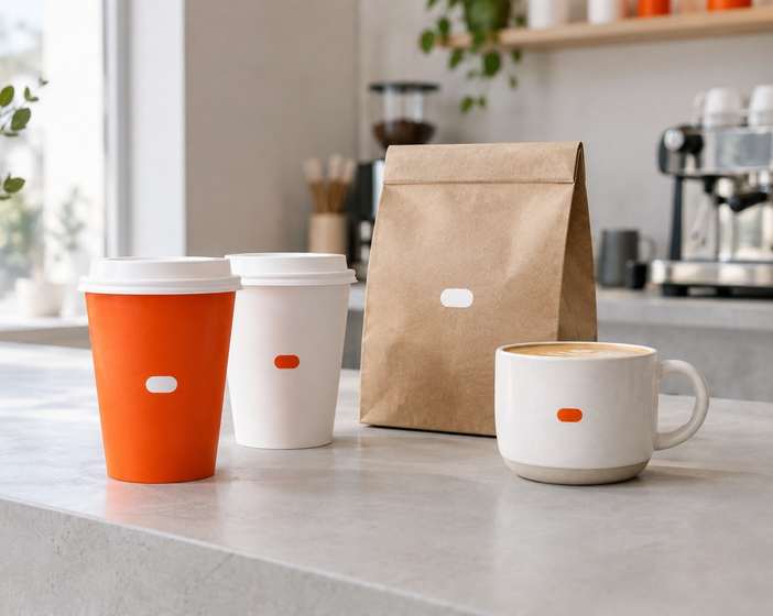 Orange and white Orto takeaway cups and a kraft paper bag on a stone counter
