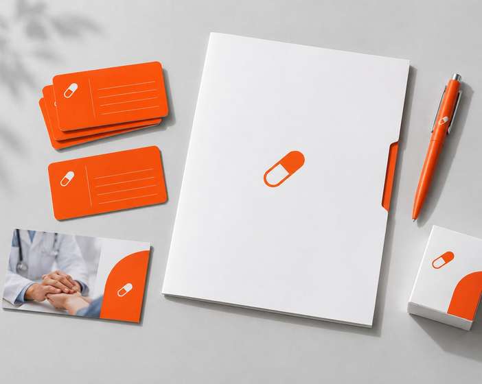 Pulse Clinic business cards, a letterhead, a pen and a small orange box