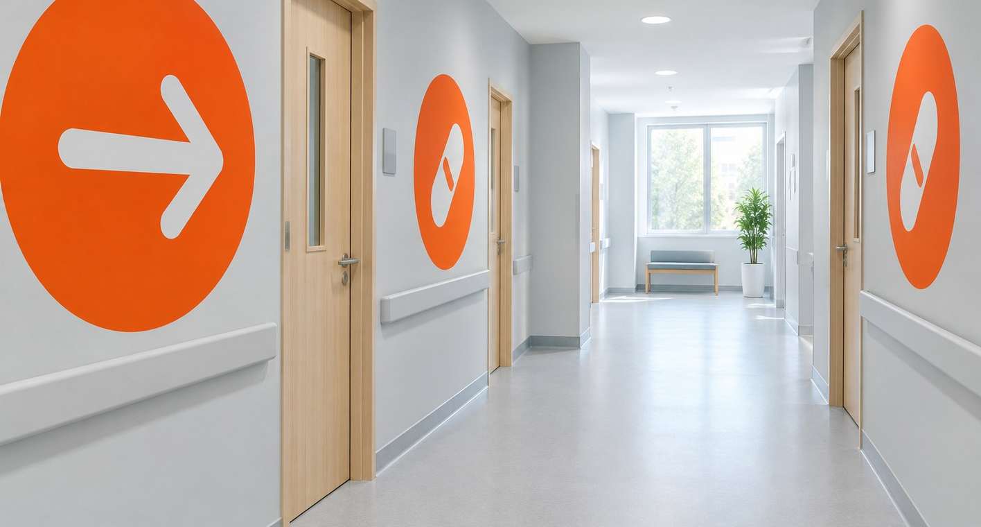 A bright clinic corridor with large round orange Pulse signs and a white arrow