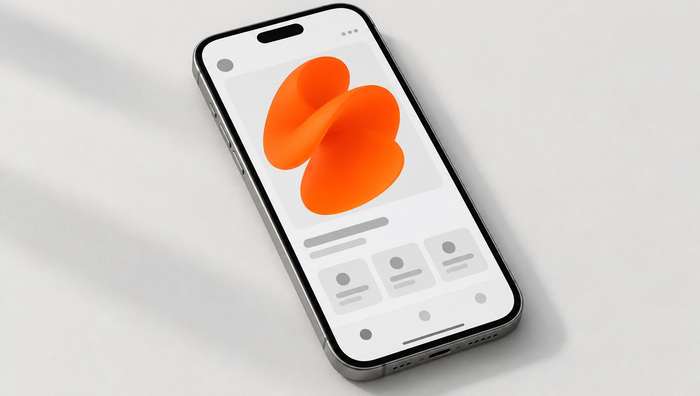 A phone showing an app screen with a soft orange 3D shape
