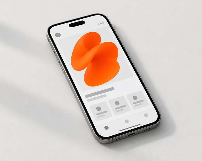 A phone showing an app screen with a soft orange 3D shape