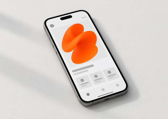 A phone showing an app screen with a soft orange 3D shape