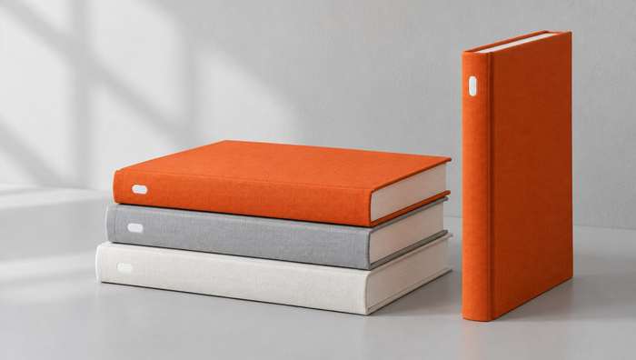 A stack of grey and white books and one orange book standing upright