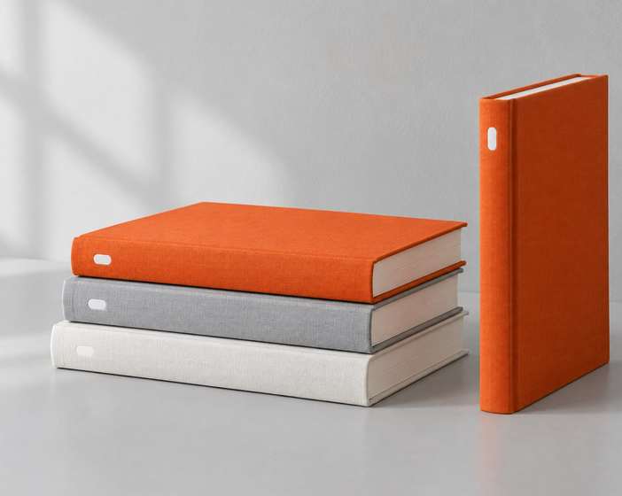 A stack of grey and white books and one orange book standing upright