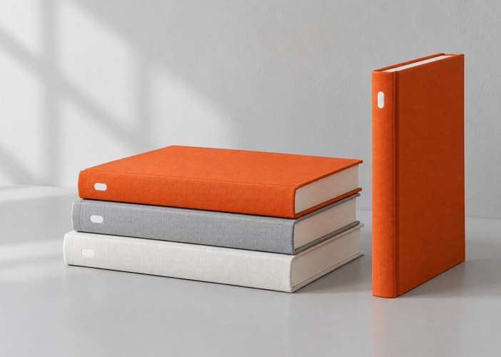 A stack of grey and white books and one orange book standing upright