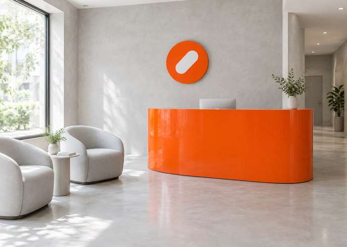 The Pulse Clinic reception with a curved orange desk, white armchairs and a round orange sign