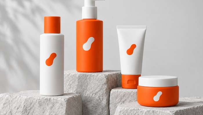 Kova Skincare bottles, a tube and a jar in orange and white on rough stone blocks