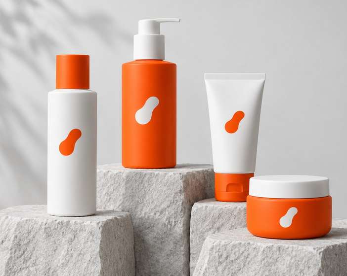Kova Skincare bottles, a tube and a jar in orange and white on rough stone blocks
