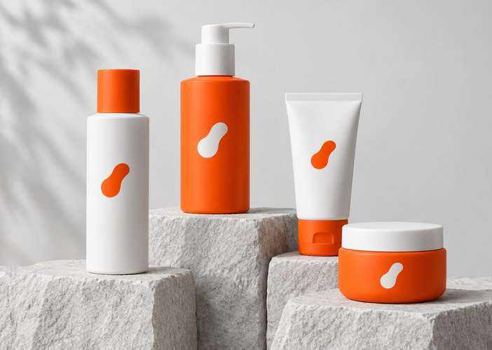 Kova Skincare bottles, a tube and a jar in orange and white on rough stone blocks