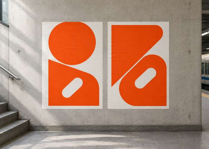 Two orange and white Nord Rail posters with bold shapes on a concrete wall