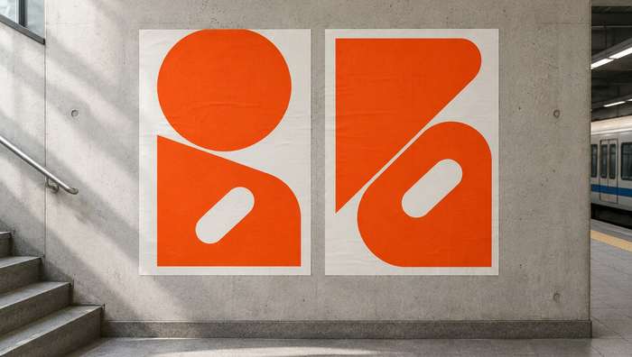 Two orange and white Nord Rail posters with bold shapes on a concrete wall