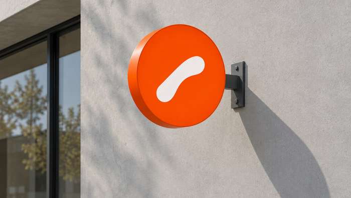A round orange Orto Coffee sign with a white mark on a concrete facade