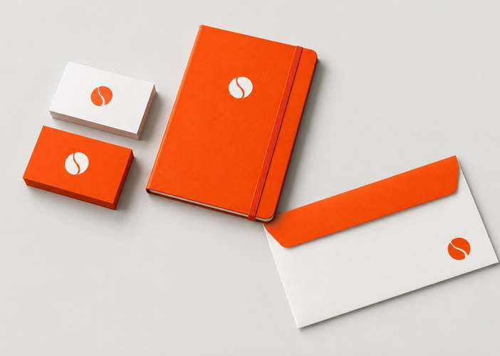 Halden Studio stationery: an orange notebook, orange and white business cards and an envelope
