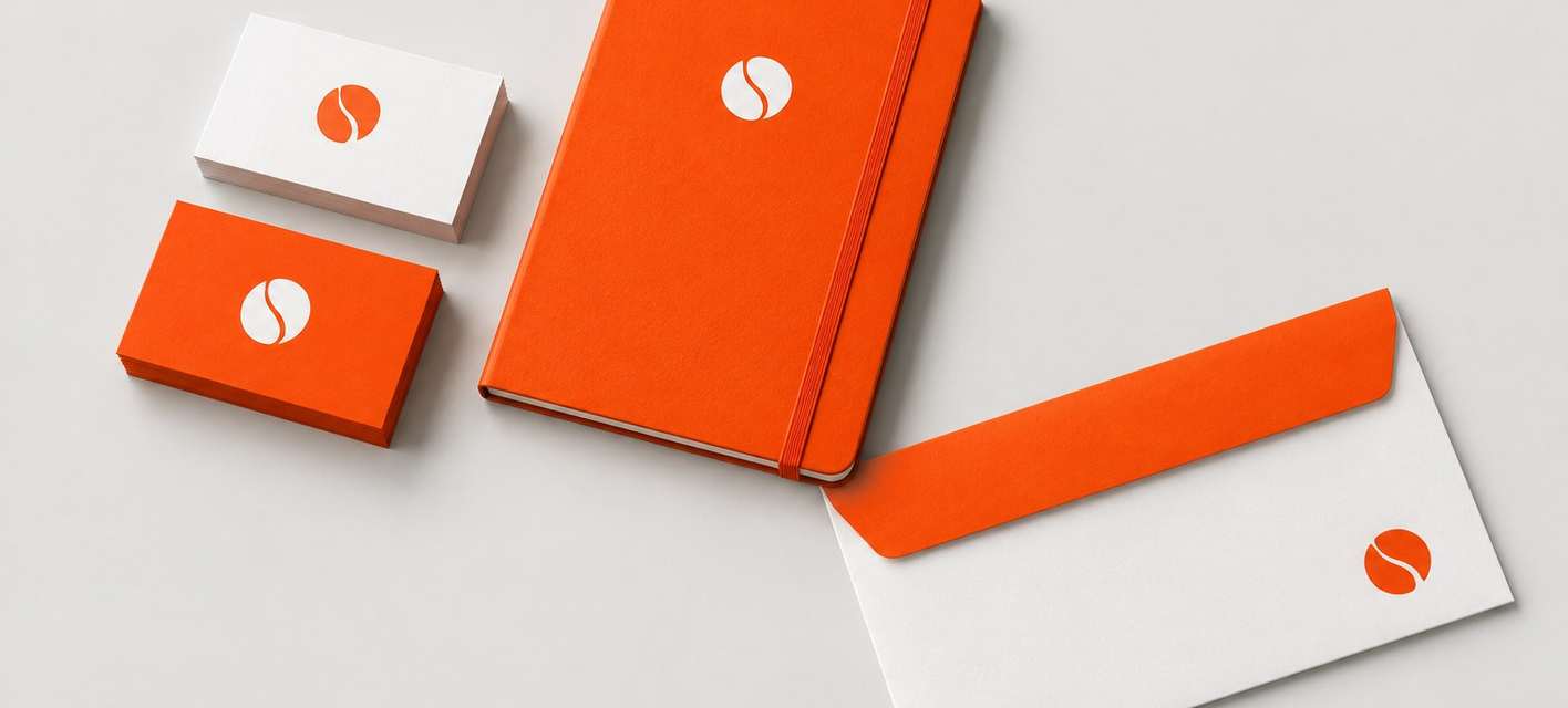 Halden Studio stationery: an orange notebook, orange and white business cards and an envelope