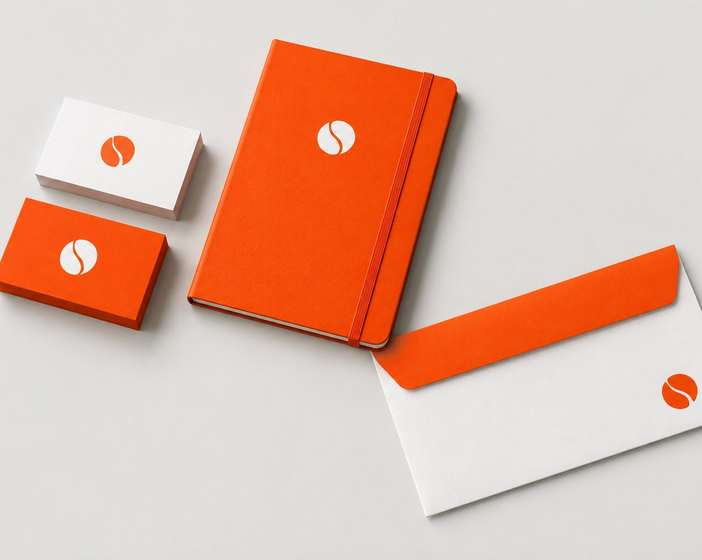 Halden Studio stationery: an orange notebook, orange and white business cards and an envelope