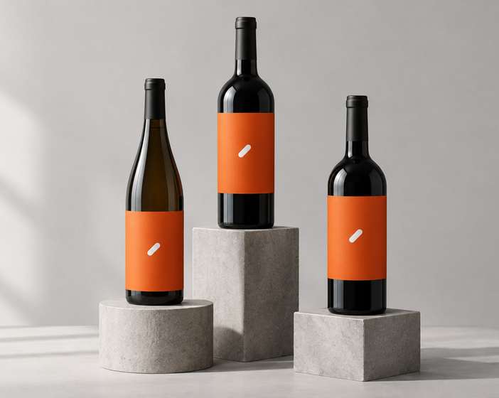 Three Arca wine bottles with orange labels on concrete plinths