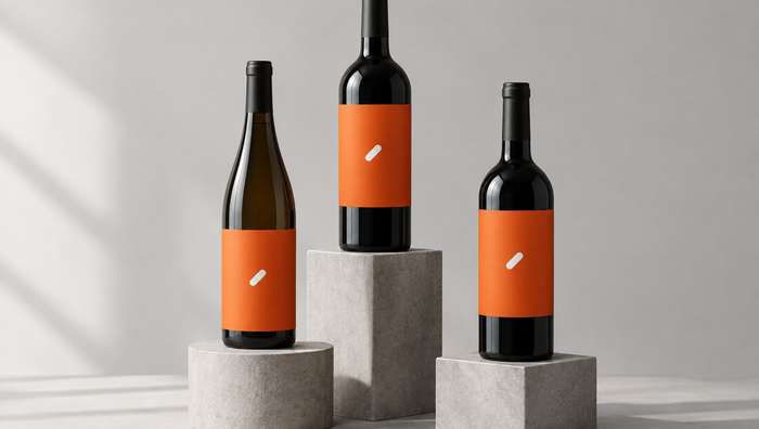 Three Arca wine bottles with orange labels on concrete plinths