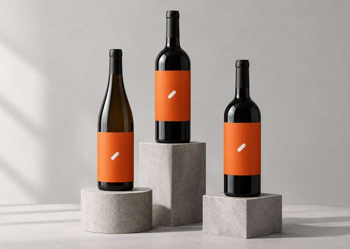 Three Arca wine bottles with orange labels on concrete plinths
